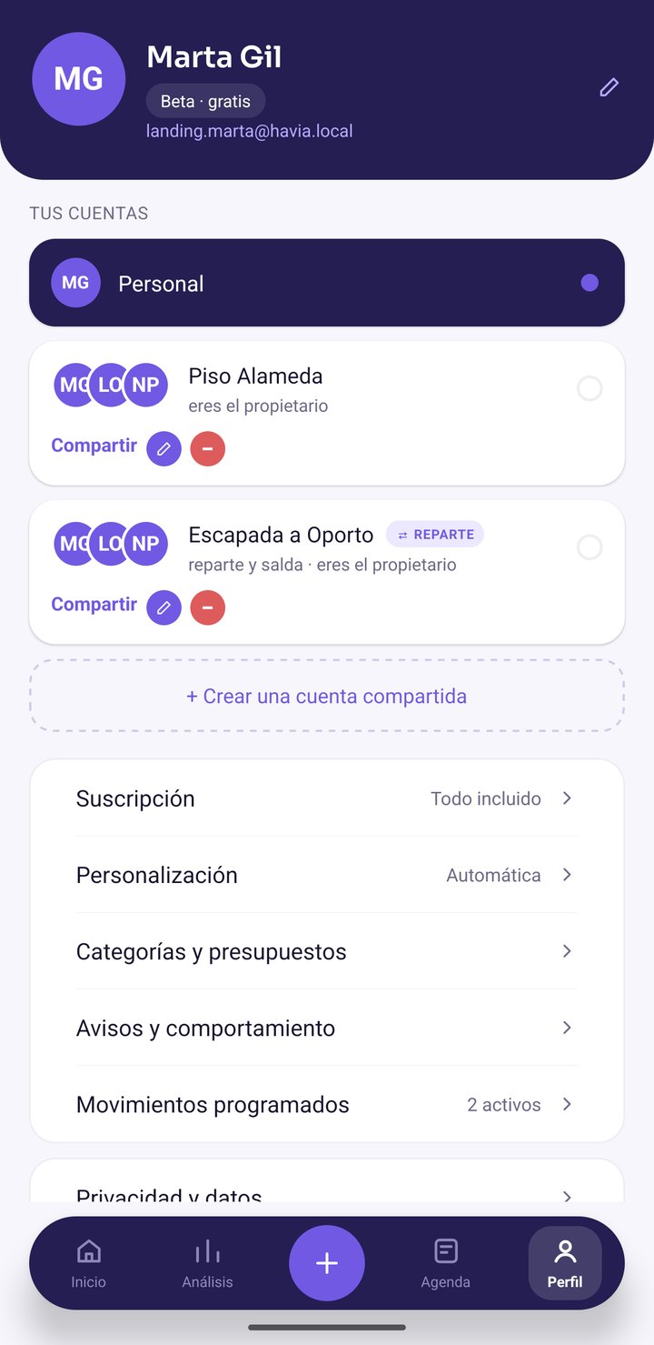 Selector de cuenta de HAVIA con la cuenta personal y una
        compartida