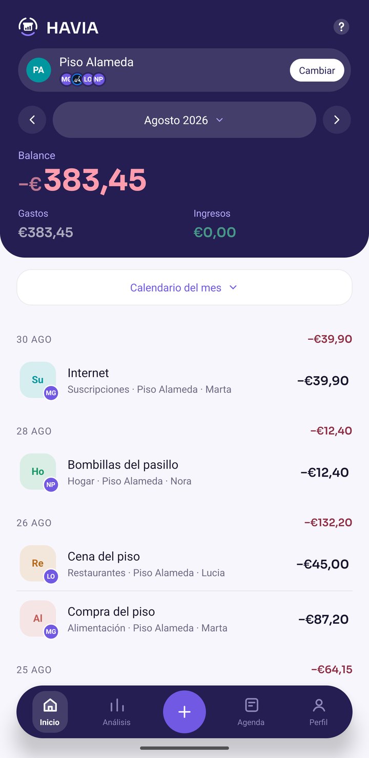 Pantalla de inicio de HAVIA en una cuenta que reparte: quién te debe
        y cuánto, un botón para apuntar el cobro, y la lista de gastos con quién
        adelantó cada uno y tu parte