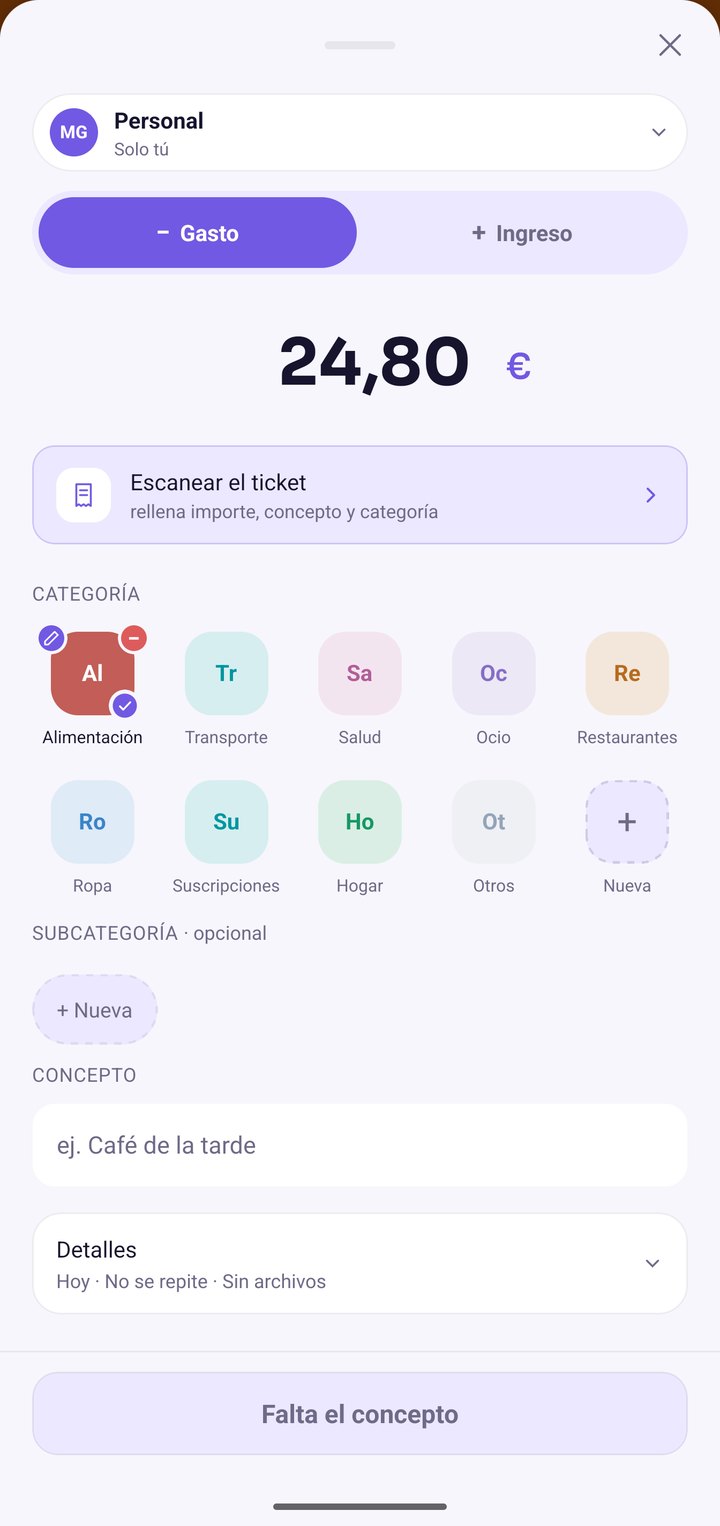 Hoja de registrar un gasto en HAVIA, con importe, categoría,
        concepto y fecha
